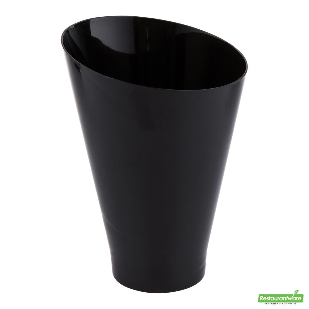 Wholesale Restaurantware Bundle: 100 7 Oz Round Black Plastic Incline Glass and 100 Mini Forks- Bulk