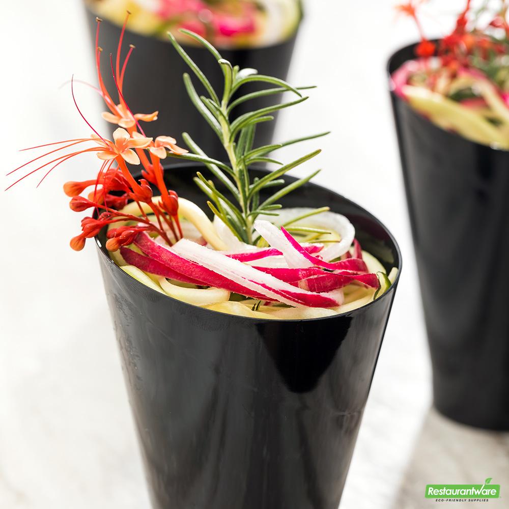 Wholesale Restaurantware Bundle: 100 7 Oz Round Black Plastic Incline Glass and 100 Mini Forks- Bulk
