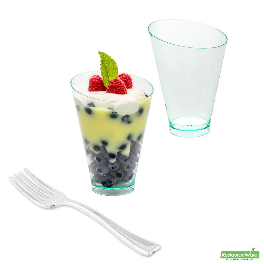 Wholesale Restaurantware Bundle: 100 7 Oz Round Seagreen Plastic Incline Glass and 100 Mini Forks- Bulk