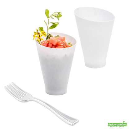 Wholesale Restaurantware Bundle: 100 7 Oz Round White Plastic Incline Glass and 100 Mini Forks- Bulk