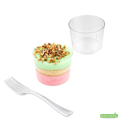 Wholesale Restaurantware Bundle: 100 6 Oz Round Clear Plastic Cylindro Cups and 100 Mini Forks- Bulk