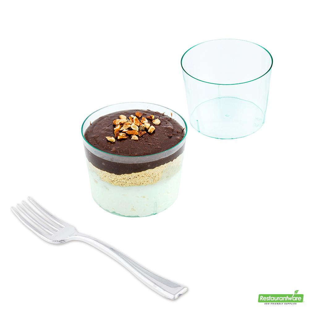 Wholesale Restaurantware Bundle: 100 6 Oz Round Seagreen Plastic Cylindro Cups and 100 Mini Forks- Bulk