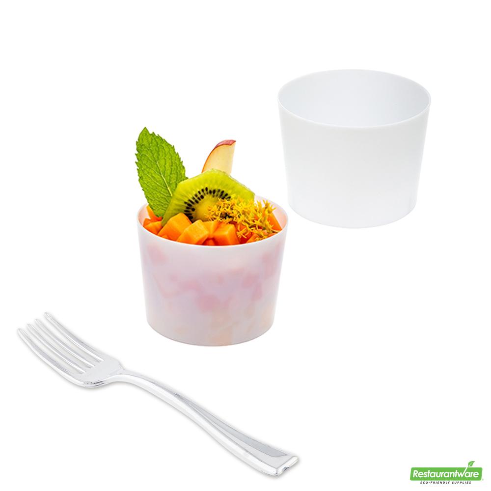 Wholesale Restaurantware Bundle: 100 6 Oz Round White Plastic Cylindro Cups and 100 Mini Forks- Bulk