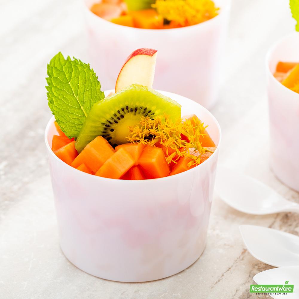 Wholesale Restaurantware Bundle: 100 6 Oz Round White Plastic Cylindro Cups and 100 Mini Forks- Bulk