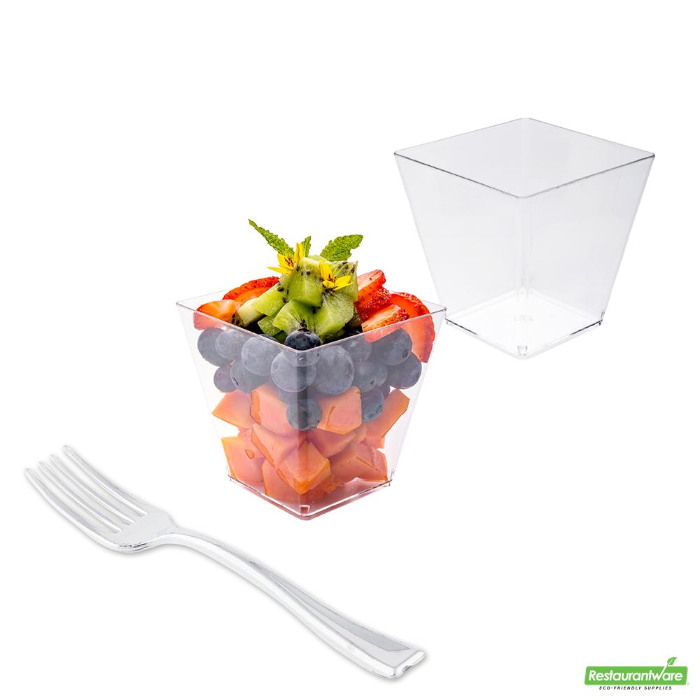Wholesale Restaurantware Bundle: 100 8 Oz Square Clear Plastic Large Kova Cups and 100 Mini Forks- Bulk