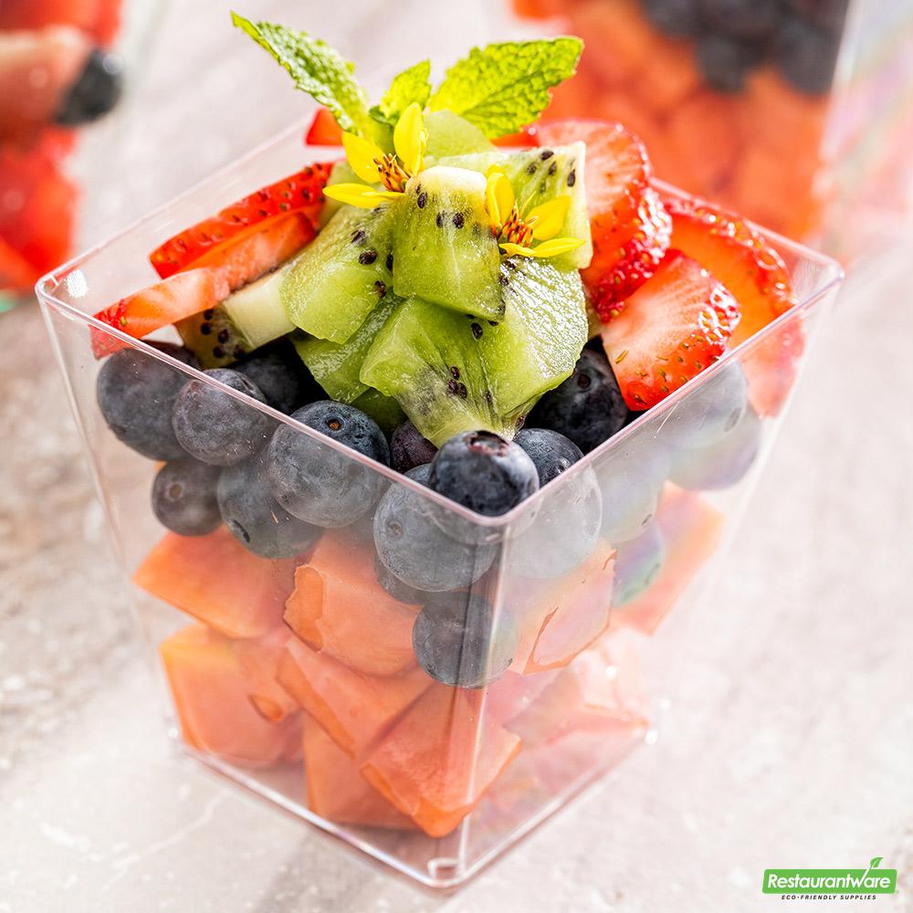 Wholesale Restaurantware Bundle: 100 8 Oz Square Clear Plastic Large Kova Cups and 100 Mini Forks- Bulk