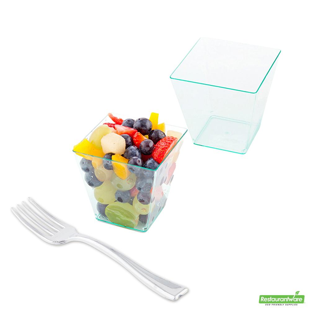 Wholesale Restaurantware Bundle: 100 8 Oz Square Seagreen Plastic Kova Cups and 100 Mini Forks- Bulk