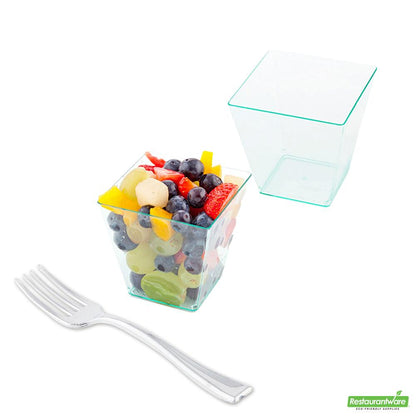Wholesale Restaurantware Bundle: 100 8 Oz Square Seagreen Plastic Kova Cups and 100 Mini Forks- Bulk