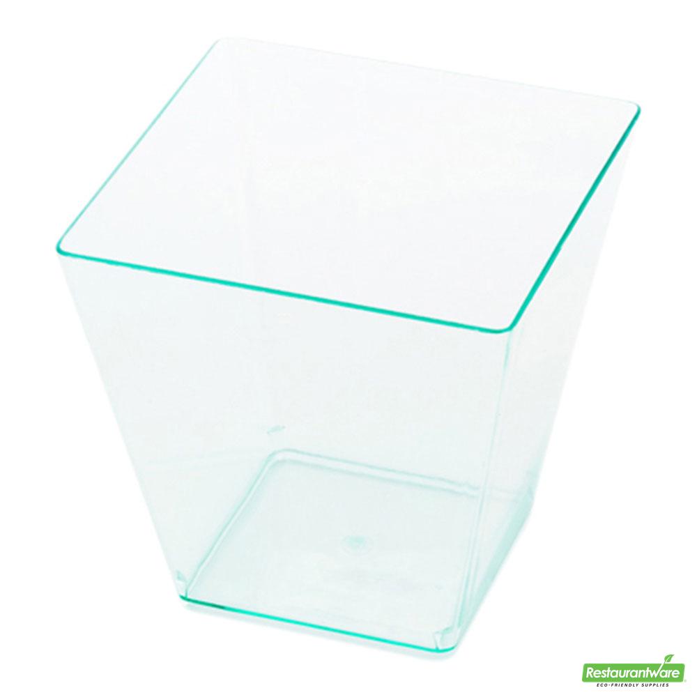 Wholesale Restaurantware Bundle: 100 8 Oz Square Seagreen Plastic Kova Cups and 100 Mini Forks- Bulk