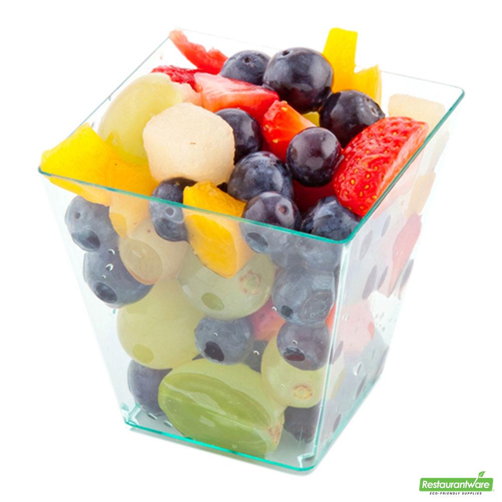 Wholesale Restaurantware Bundle: 100 8 Oz Square Seagreen Plastic Kova Cups and 100 Mini Forks- Bulk