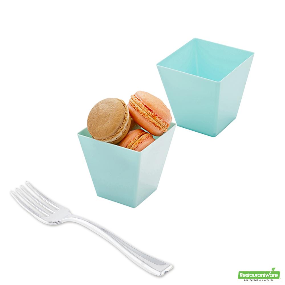 Wholesale Restaurantware Bundle: 100 8 Oz Square Baby Blue Plastic Kova Cups and 100 Mini Forks- Bulk