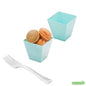 Wholesale Restaurantware Bundle: 100 8 Oz Square Baby Blue Plastic Kova Cups and 100 Mini Forks- Bulk