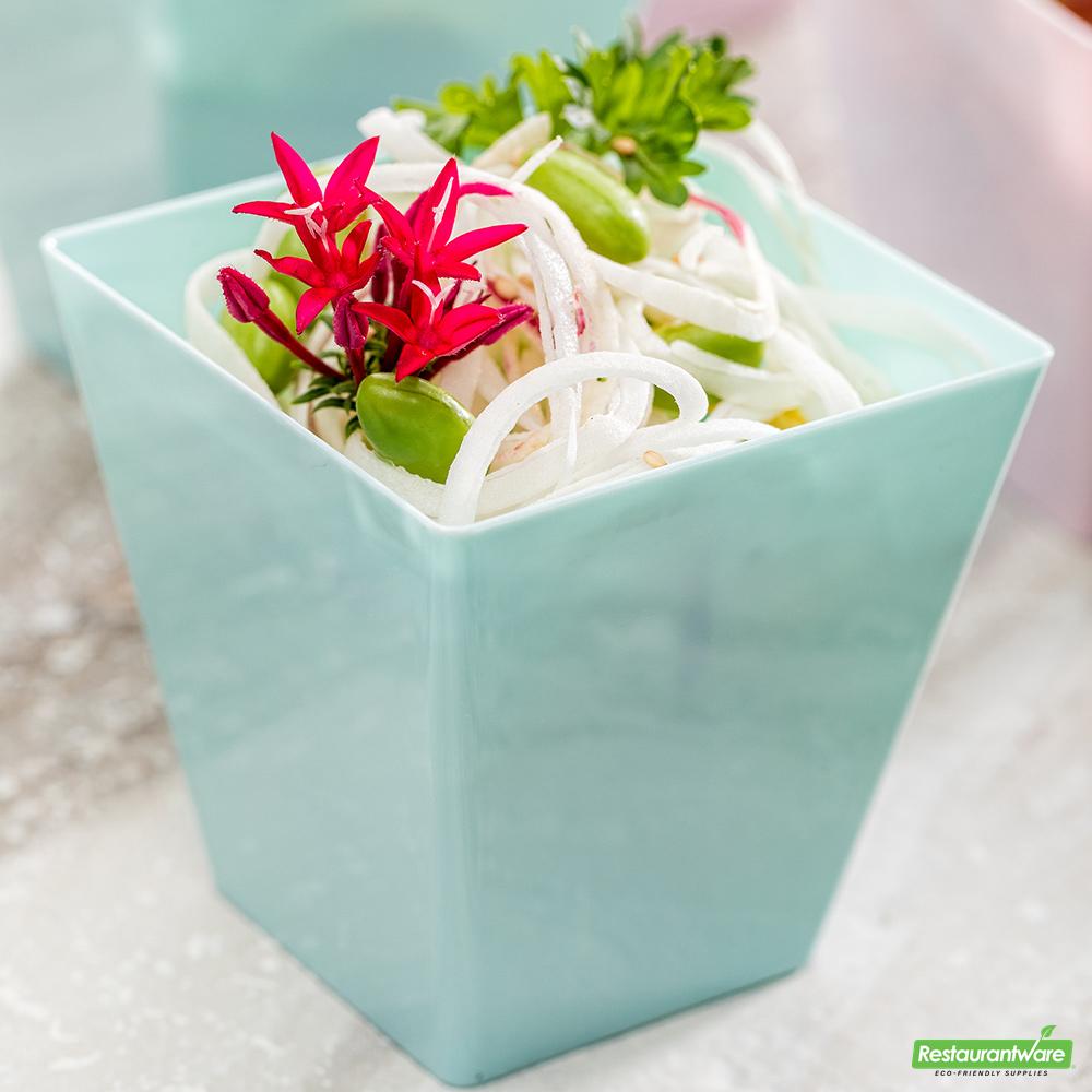 Wholesale Restaurantware Bundle: 100 8 Oz Square Baby Blue Plastic Kova Cups and 100 Mini Forks- Bulk