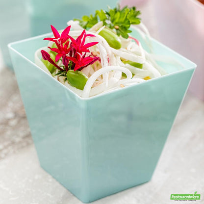 Wholesale Restaurantware Bundle: 100 8 Oz Square Baby Blue Plastic Kova Cups and 100 Mini Forks- Bulk