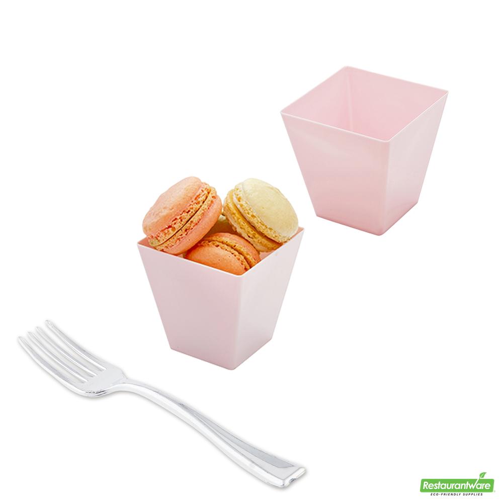 Wholesale Restaurantware Bundle: 100 8 Oz Square Powder Pink Plastic Kova Cups and 100 Mini Forks- Bulk
