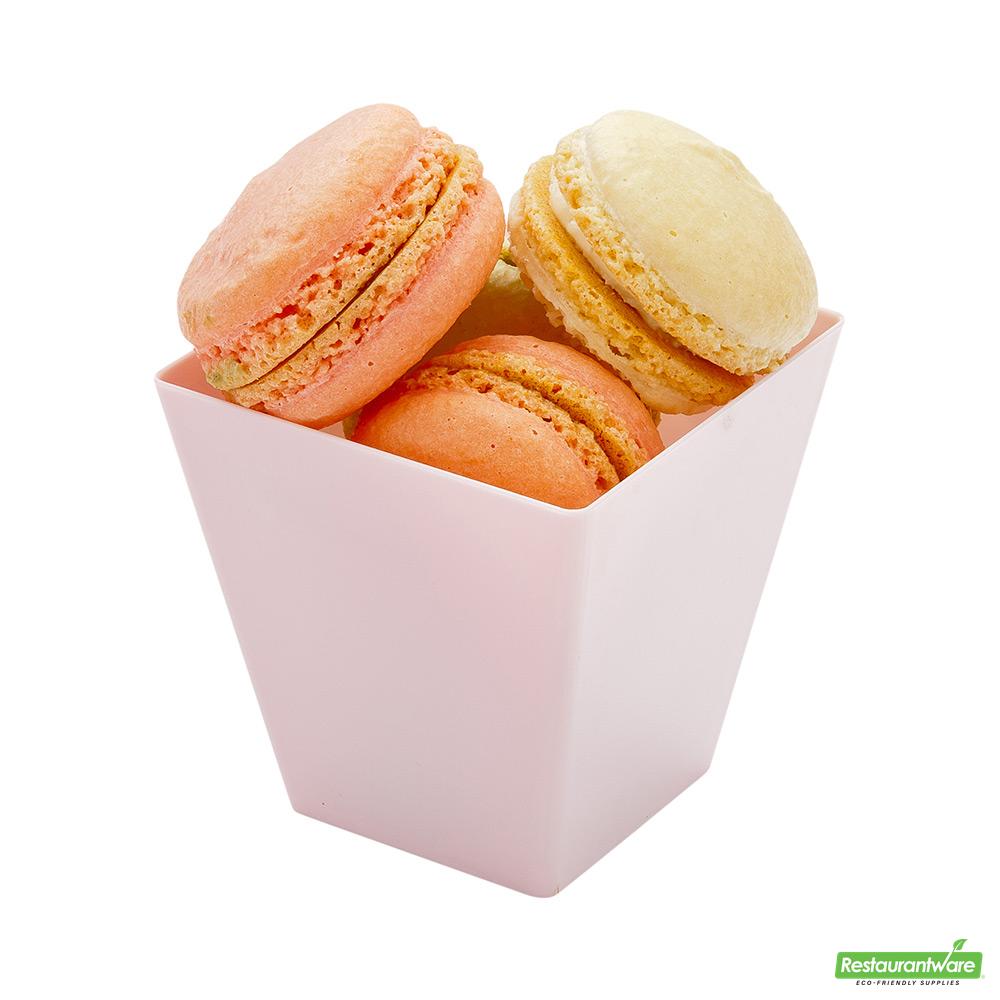 Wholesale Restaurantware Bundle: 100 8 Oz Square Powder Pink Plastic Kova Cups and 100 Mini Forks- Bulk