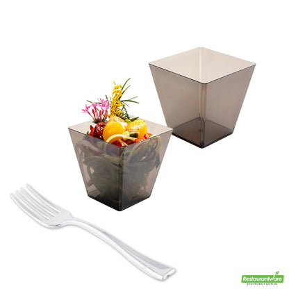 Wholesale Restaurantware Bundle: 100 8 Oz Square Smoked Gray Plastic Kova Cups and 100 Mini Forks- Bulk