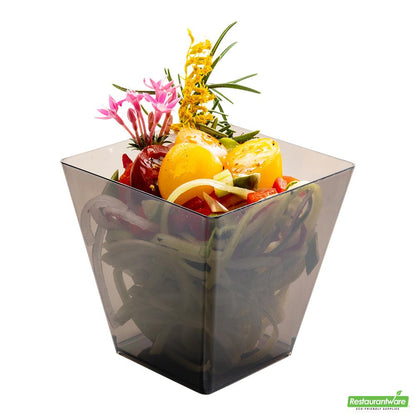 Wholesale Restaurantware Bundle: 100 8 Oz Square Smoked Gray Plastic Kova Cups and 100 Mini Forks- Bulk