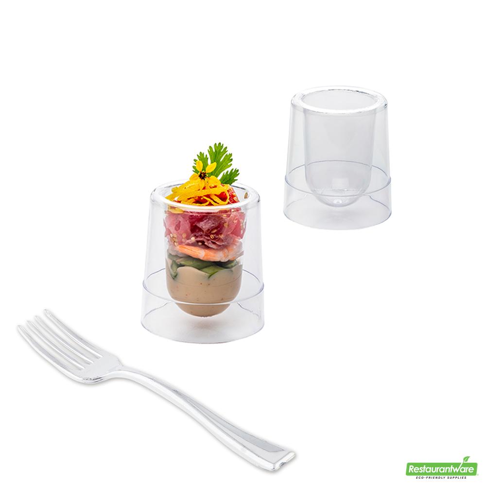 Wholesale Restaurantware Bundle: 100 2 Oz Clear Plastic Double Walled Cups and 100 Mini Forks- Bulk