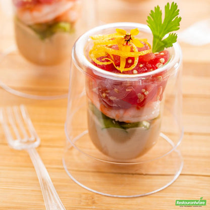 Wholesale Restaurantware Bundle: 100 2 Oz Clear Plastic Double Walled Cups and 100 Mini Forks- Bulk