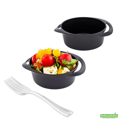 Wholesale Restaurantware Bundle: 100 3 Oz Black Plastic Mini Infinity Pots and 100 Mini Forks- Bulk