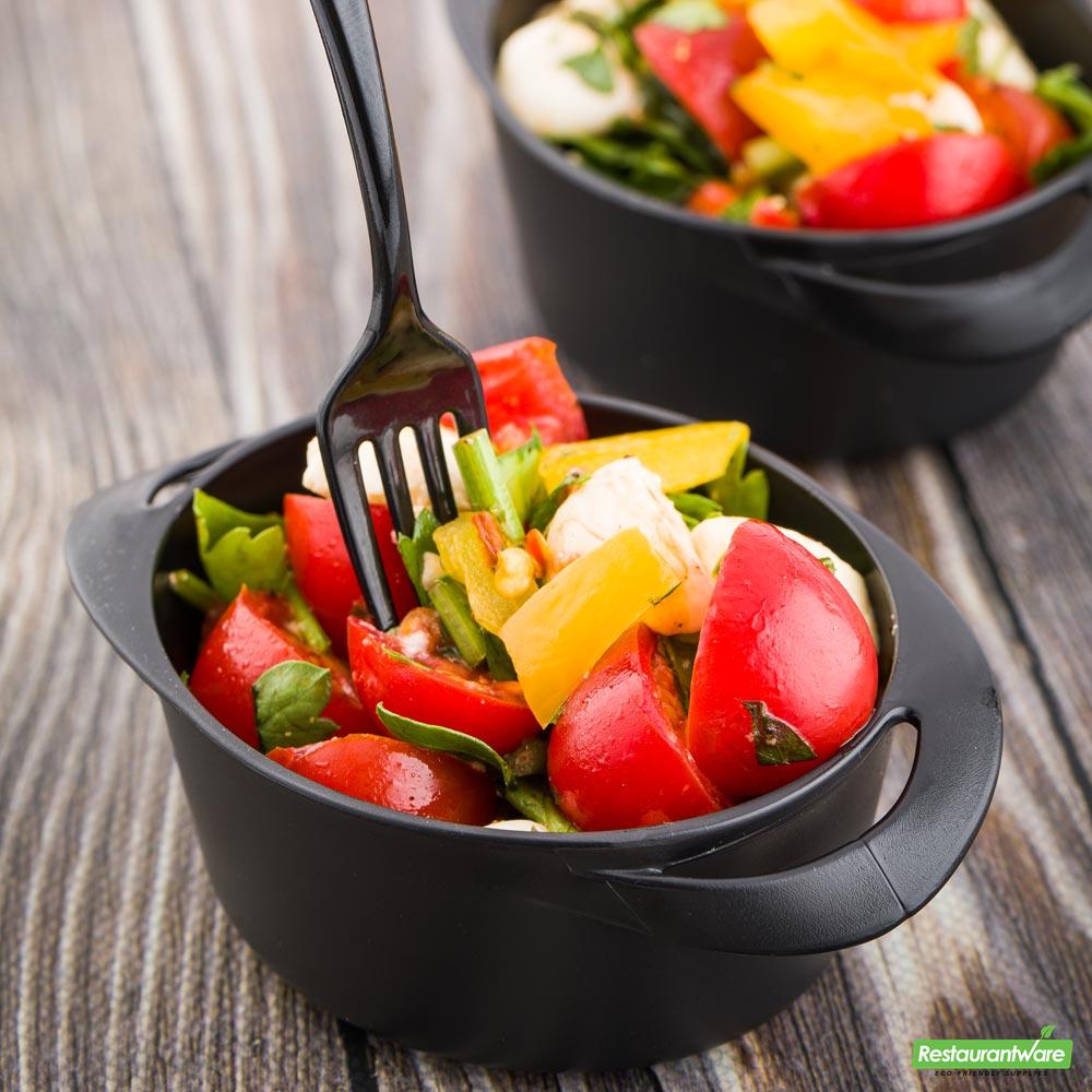 Wholesale Restaurantware Bundle: 100 3 Oz Black Plastic Mini Infinity Pots and 100 Mini Forks- Bulk