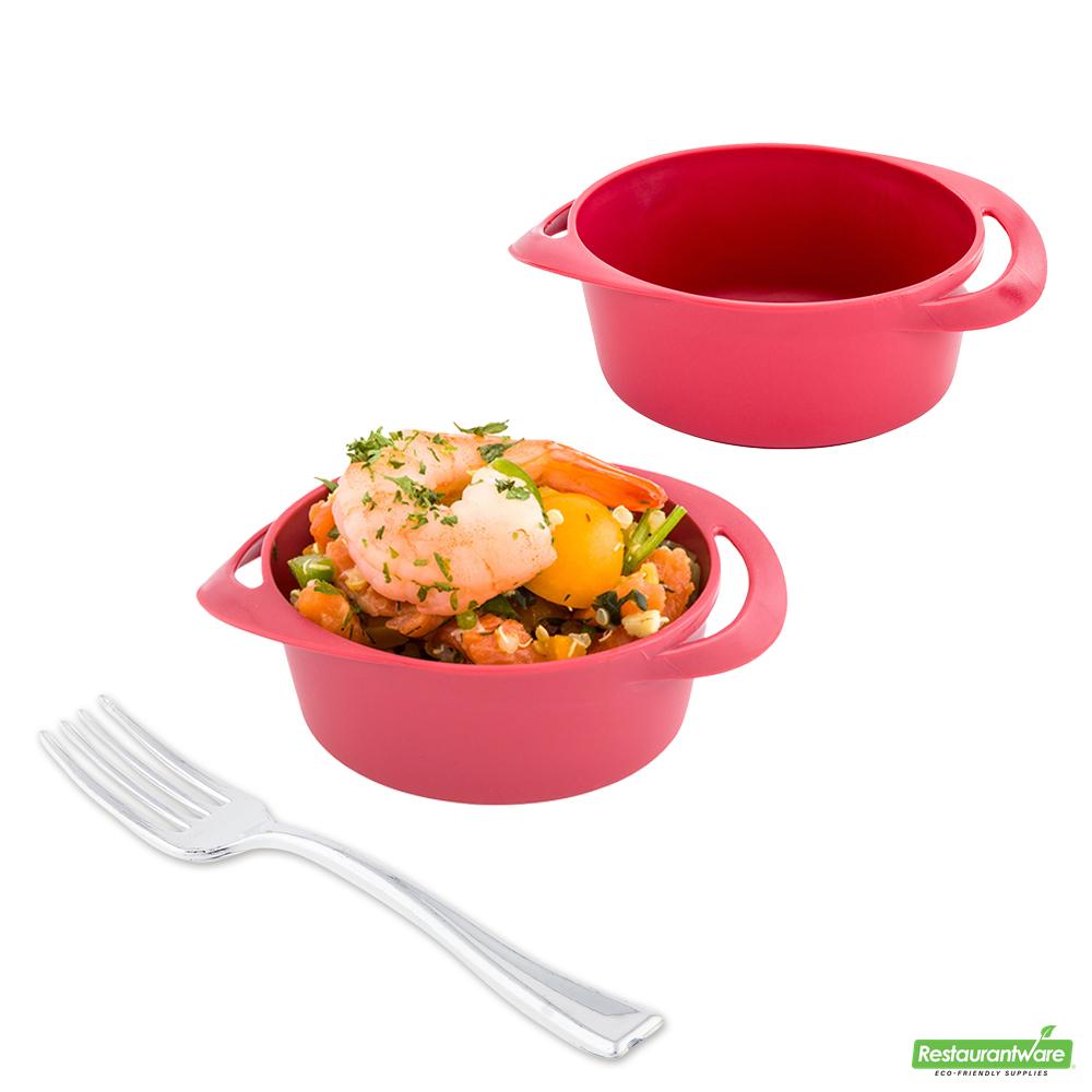 Wholesale Restaurantware Bundle: 100 3 Oz Round Red Plastic Mini Infinity Pots and 100 Mini Forks- Bulk