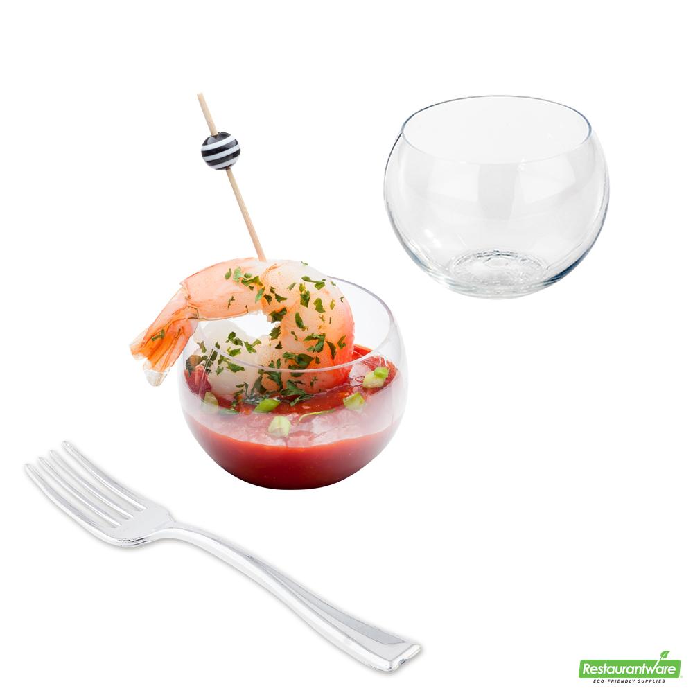 Wholesale Restaurantware Bundle: 100 2 Oz Sphere Clear Plastic Cups and 100 Mini Forks- Bulk