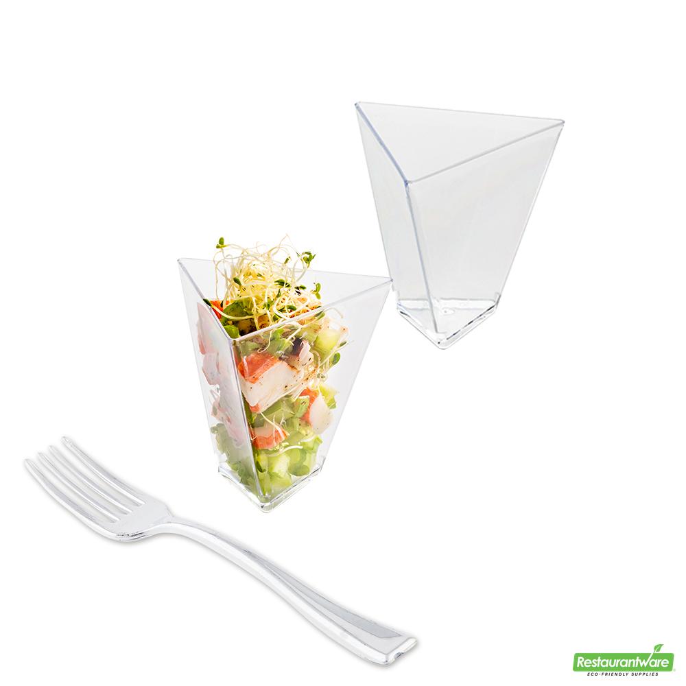 Wholesale Restaurantware Bundle: 100 4 Oz Clear Plastic Torcente Dessert Cups and 100 Mini Forks- Bulk