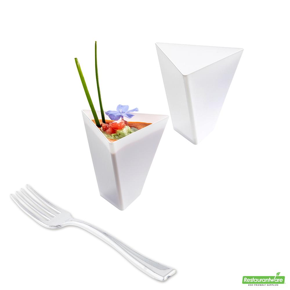 Wholesale Restaurantware Bundle: 100 4 Oz White Plastic Torcente Dessert Cups and 100 Mini Forks- Bulk