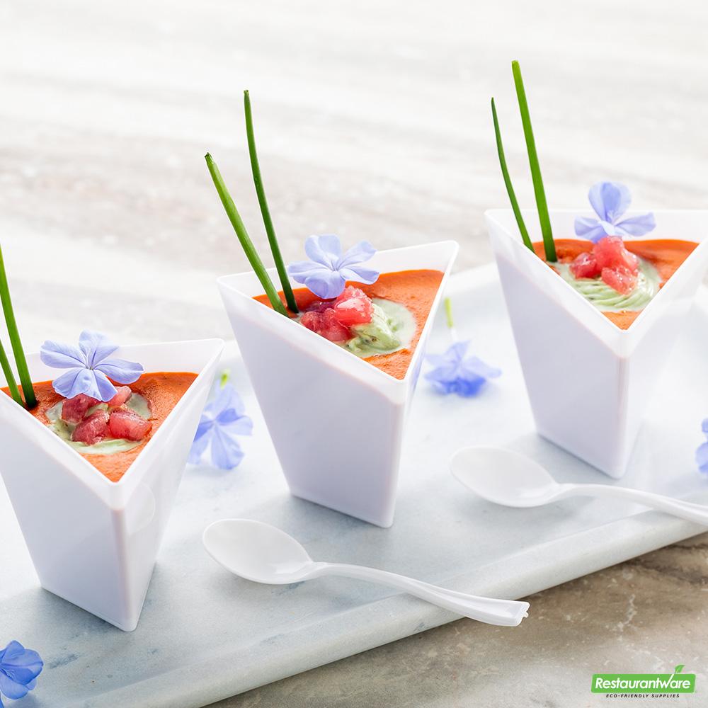 Wholesale Restaurantware Bundle: 100 4 Oz White Plastic Torcente Dessert Cups and 100 Mini Forks- Bulk