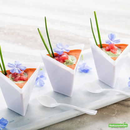 Wholesale Restaurantware Bundle: 100 4 Oz White Plastic Torcente Dessert Cups and 100 Mini Forks- Bulk