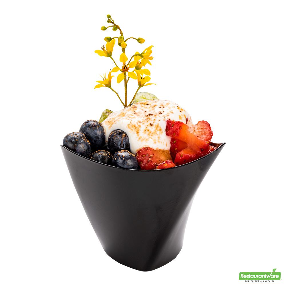 Wholesale Restaurantware Bundle: 100 4 Oz Black Plastic Mini Muttenberg Cups and 100 Mini Forks- Bulk