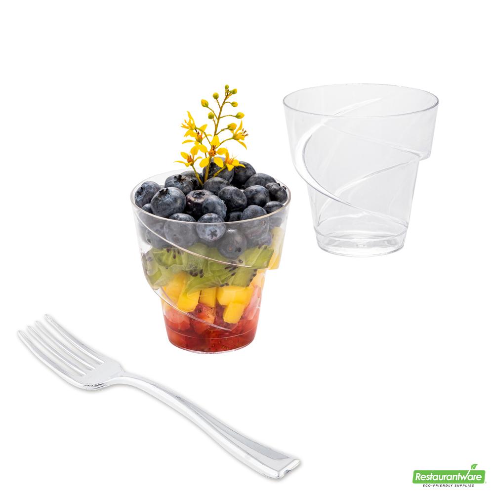Wholesale Restaurantware Bundle: 100 5 Oz Round Clear Plastic Mini Cups and 100 Mini Forks- Bulk