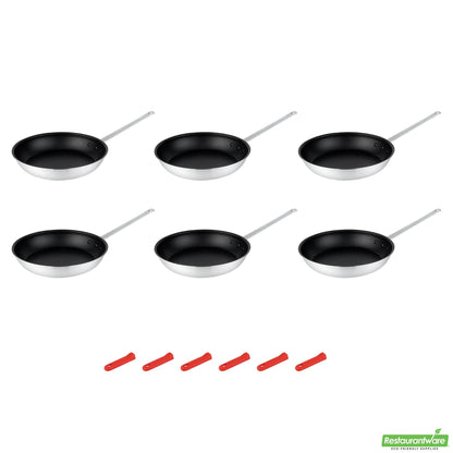 Wholesale Restaurantware Bundle: 6 Aluminum 14" Non-Stick Fry Pans and 6 Red Sleeves- Bulk