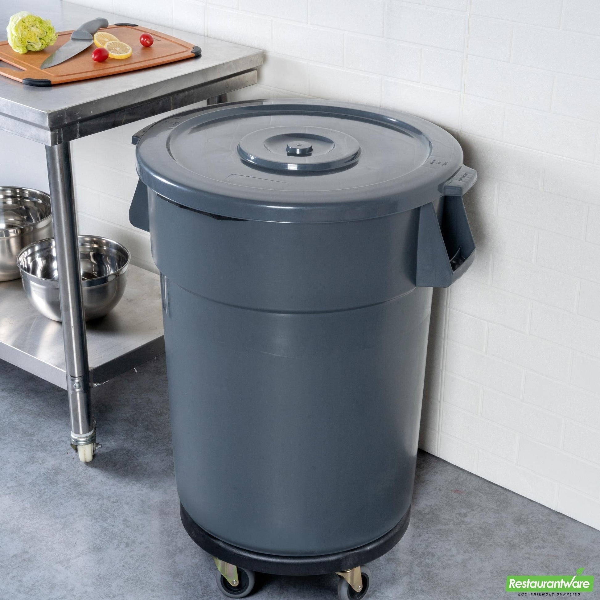 Wholesale Restaurantware Bundle: Gray 44 Gal Plastic Trash Can and Lid and Dolly- Bulk