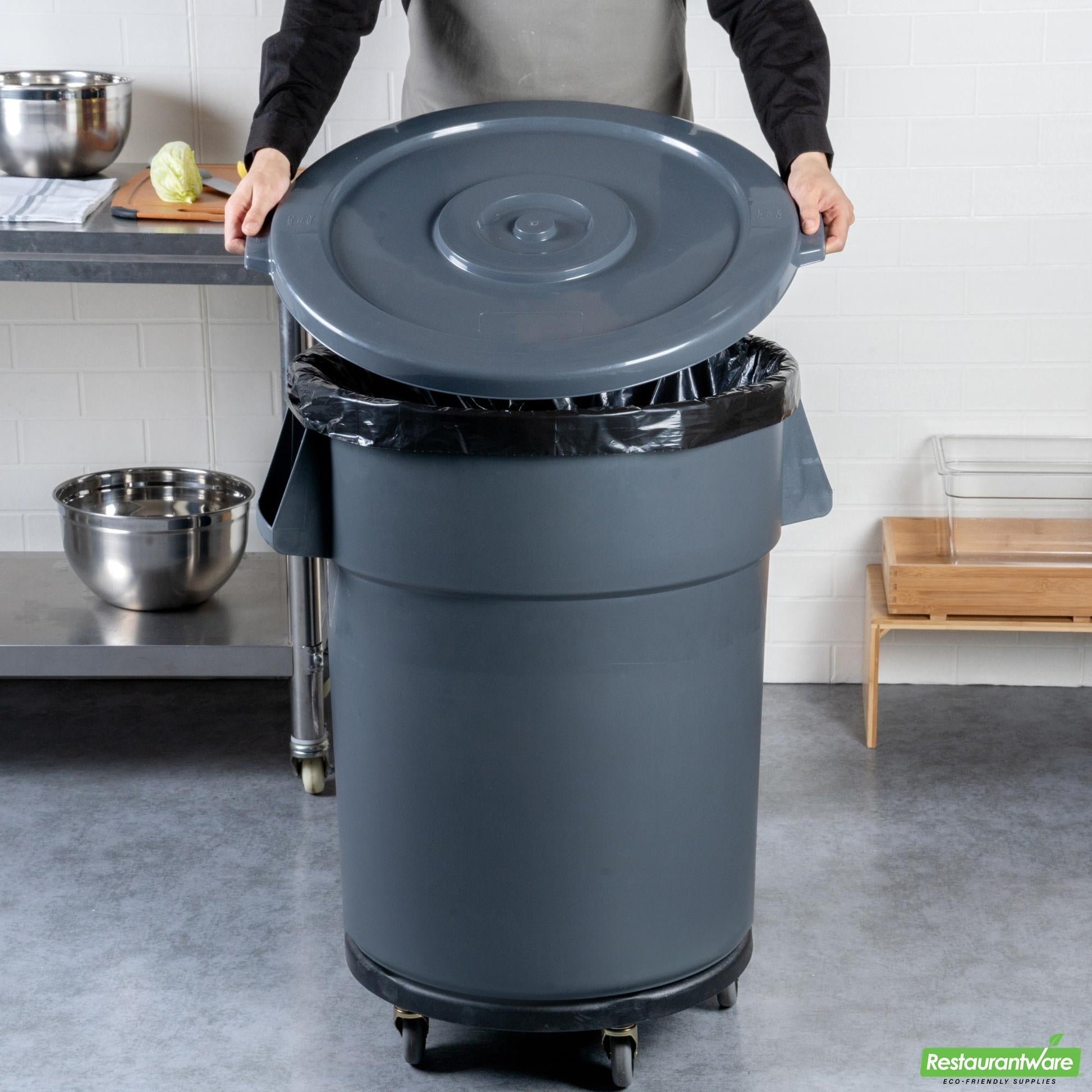 Wholesale Restaurantware Bundle: Gray 44 Gal Plastic Trash Can and Lid and Dolly- Bulk