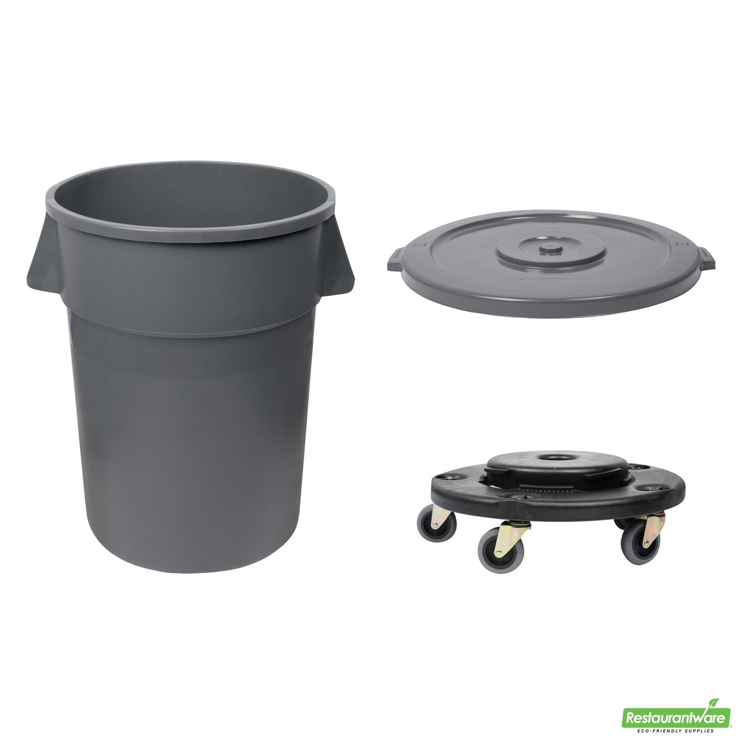 Wholesale Restaurantware Bundle: Gray 44 Gal Plastic Trash Can and Lid and Dolly- Bulk