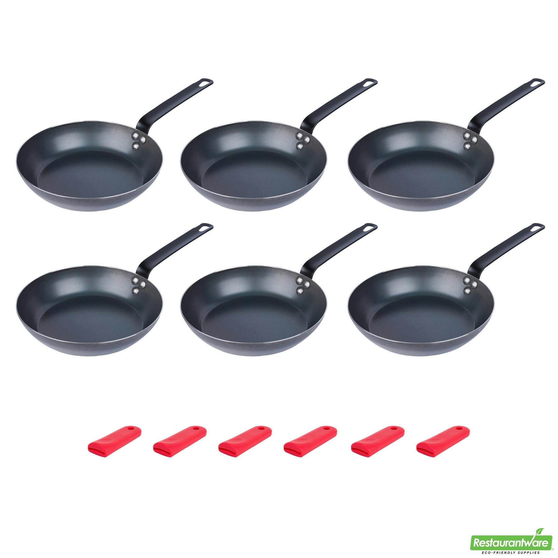 Wholesale Restaurantware Bundle: 6 Black Carbon Steel 9 1/2" Pre-Seasoned Pans and 6 Sleeves- Bulk