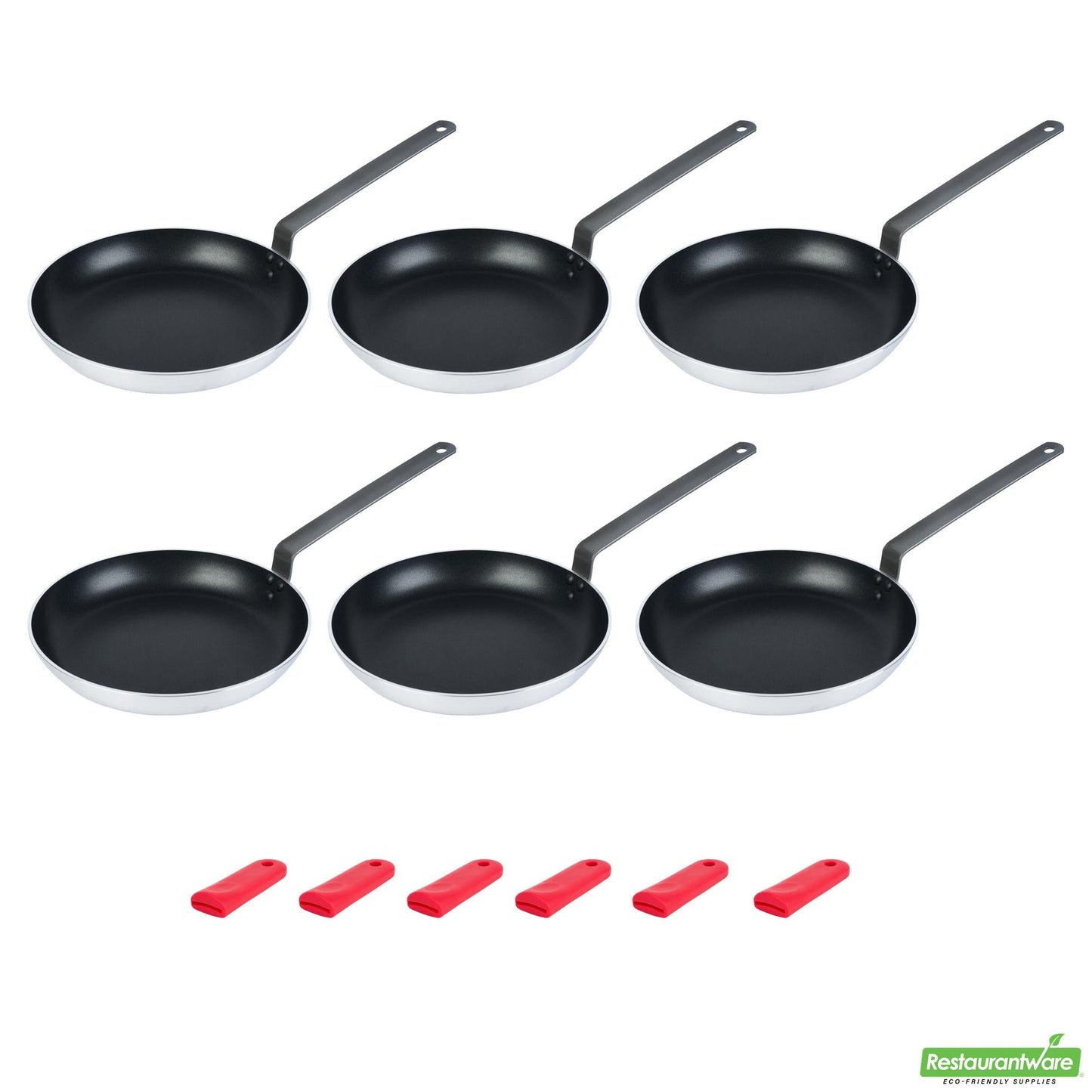 Wholesale Restaurantware Bundle: 6 Aluminum 12 Induction Ready Fry Pans and 6 Red Sleeves- Bulk