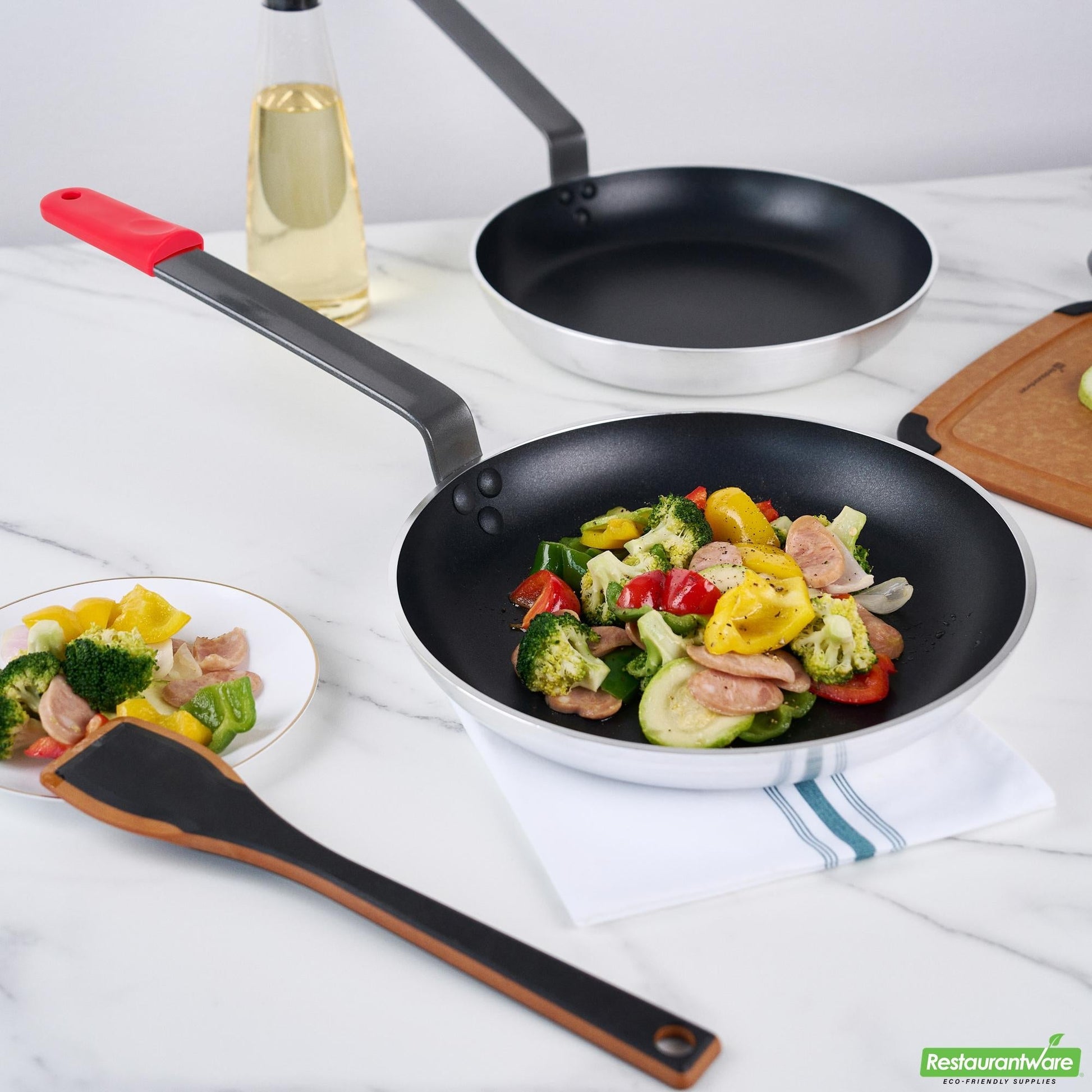 Wholesale Restaurantware Bundle: 1 Aluminum 13" Induction Ready Fry Pan and 1 Red Sleeve- Bulk