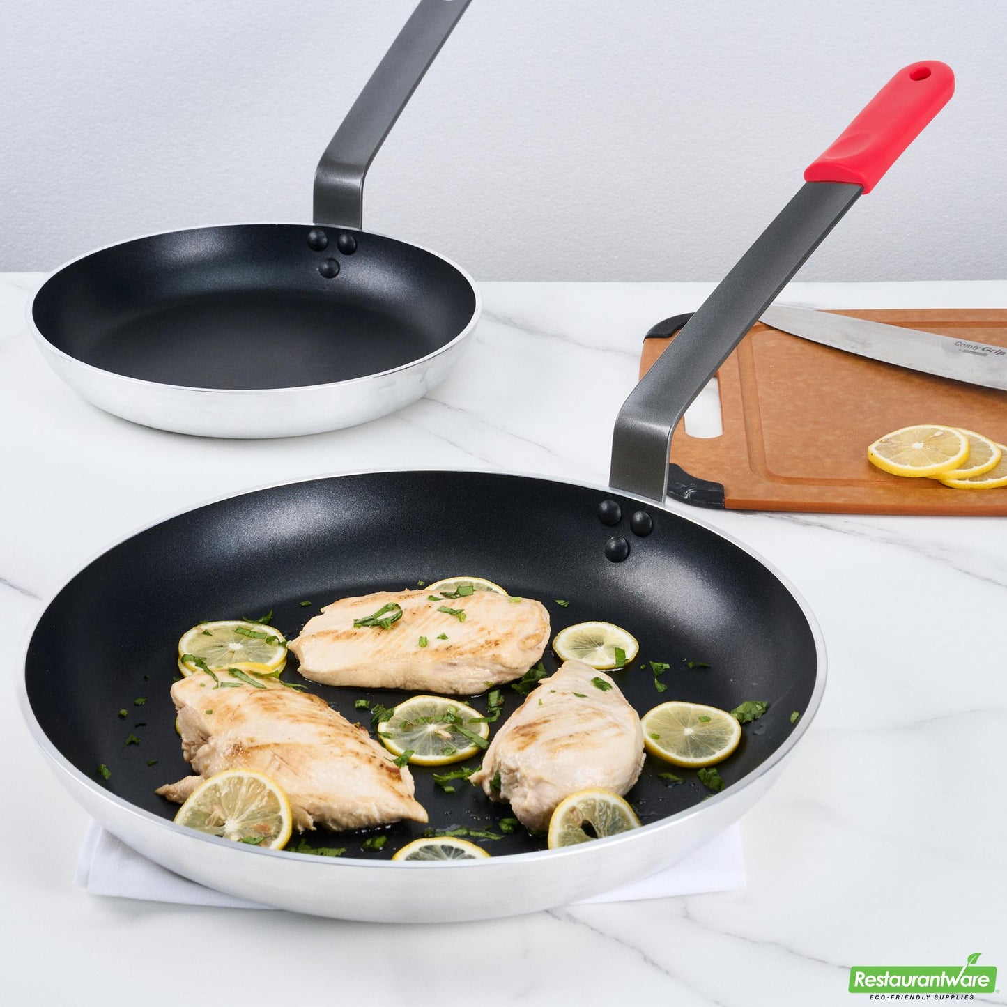 Wholesale Restaurantware Bundle: 6 Aluminum 14 Induction Ready Fry Pans and 6 Red Sleeves- Bulk