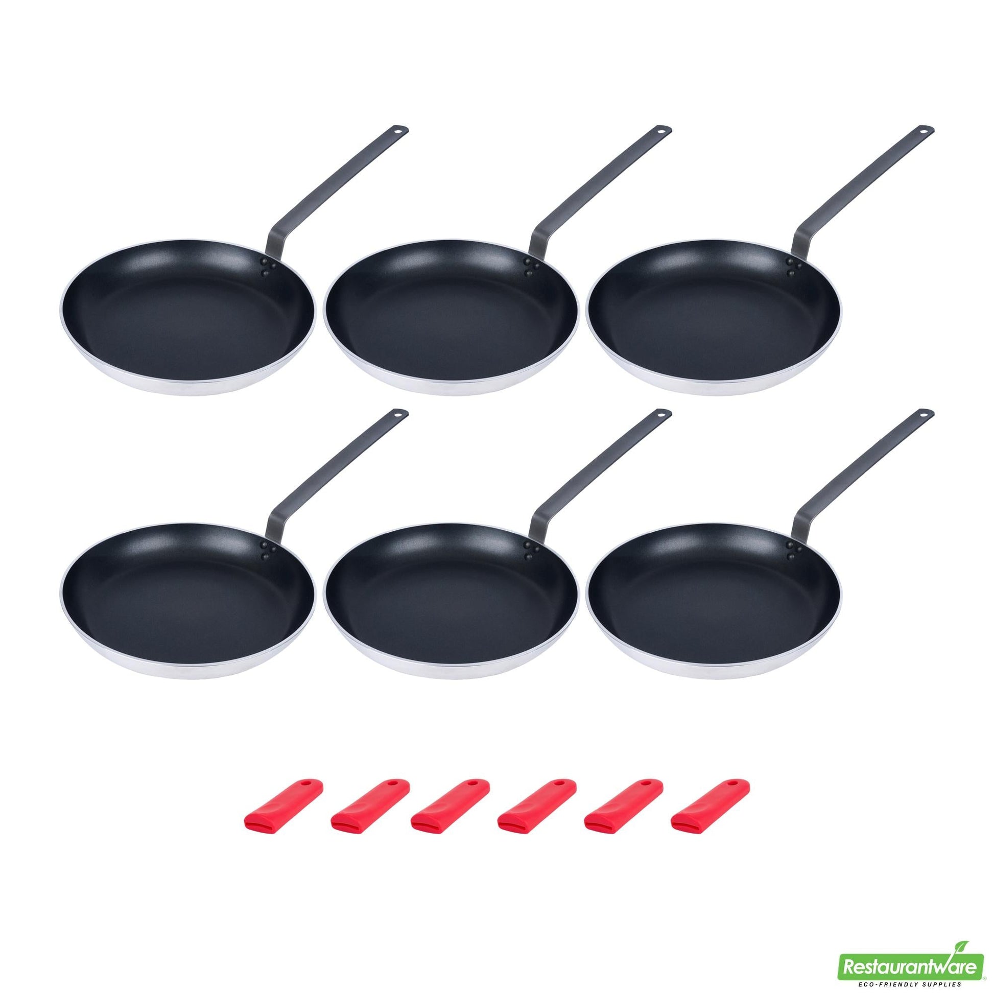 Wholesale Restaurantware Bundle: 6 Aluminum 14 Induction Ready Fry Pans and 6 Red Sleeves- Bulk