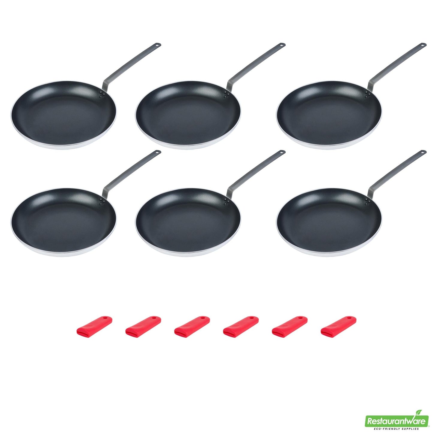 Wholesale Restaurantware Bundle: 6 Aluminum 16 Induction Ready Fry Pans and 6 Red Sleeves- Bulk