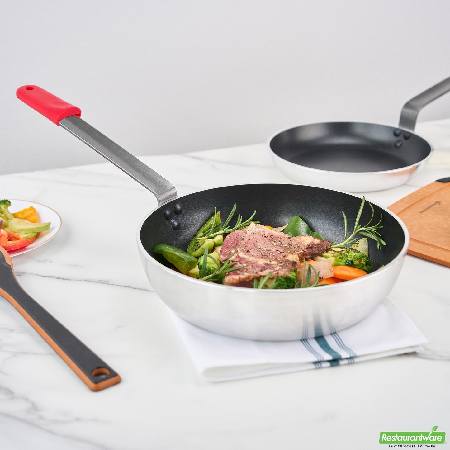 Wholesale Restaurantware Bundle: 6 Aluminum 11 Induction Ready Fry Pans and 6 Red Sleeves- Bulk
