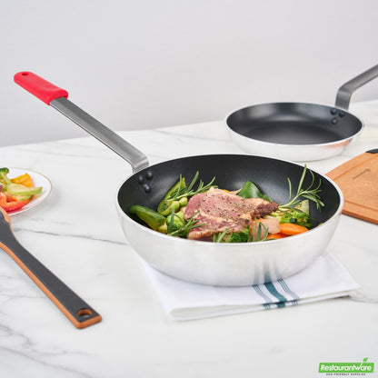 Wholesale Restaurantware Bundle: 6 Aluminum 11 Induction Ready Fry Pans and 6 Red Sleeves- Bulk