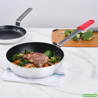 Wholesale Restaurantware Bundle: 6 Aluminum 11 Induction Ready Fry Pans and 6 Red Sleeves- Bulk