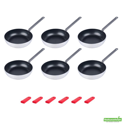 Wholesale Restaurantware Bundle: 6 Aluminum 11 Induction Ready Fry Pans and 6 Red Sleeves- Bulk