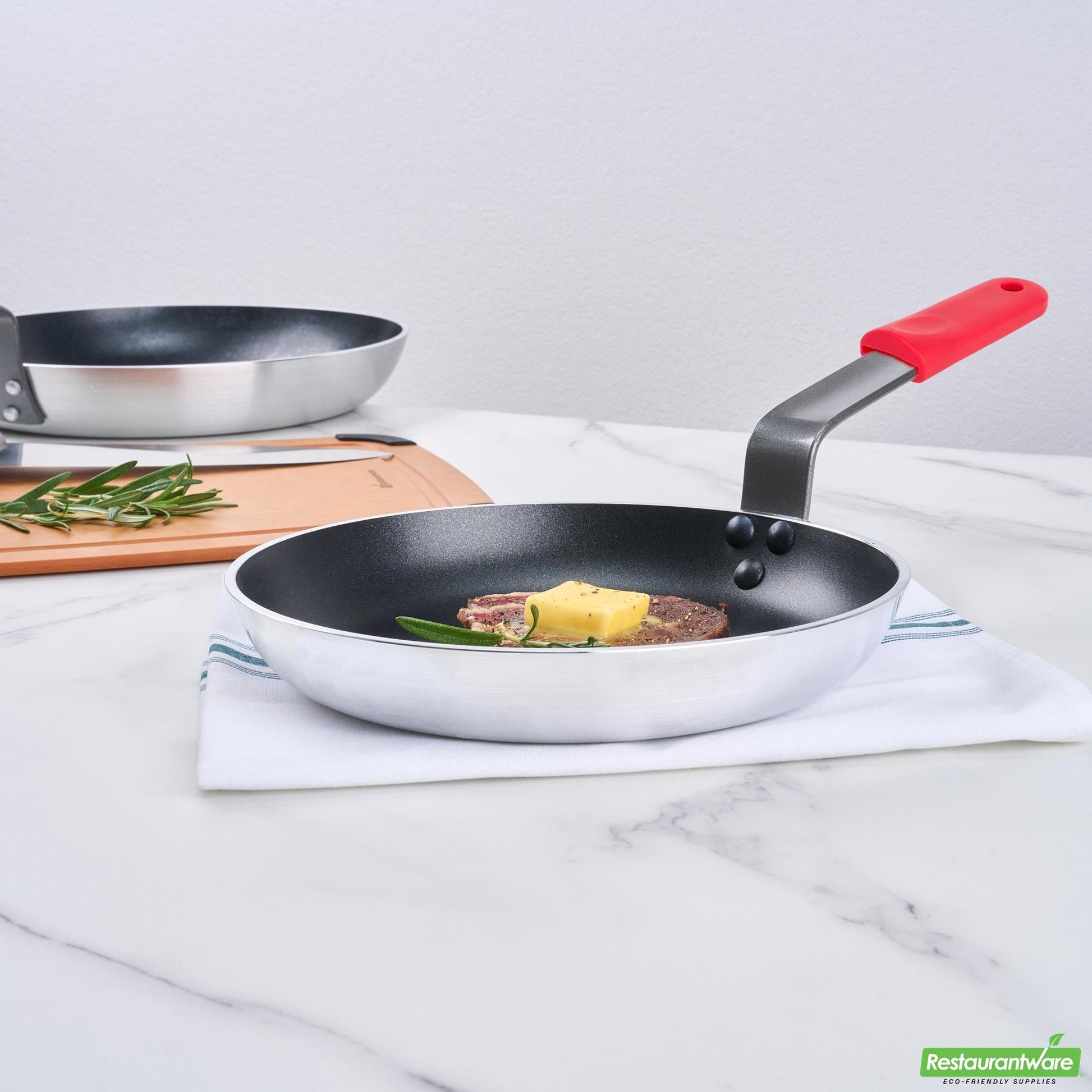 Wholesale Restaurantware Bundle: 6 Aluminum 9 Induction Ready Fry Pans and 6 Red Sleeves- Bulk