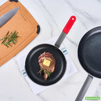 Wholesale Restaurantware Bundle: 6 Aluminum 9 Induction Ready Fry Pans and 6 Red Sleeves- Bulk